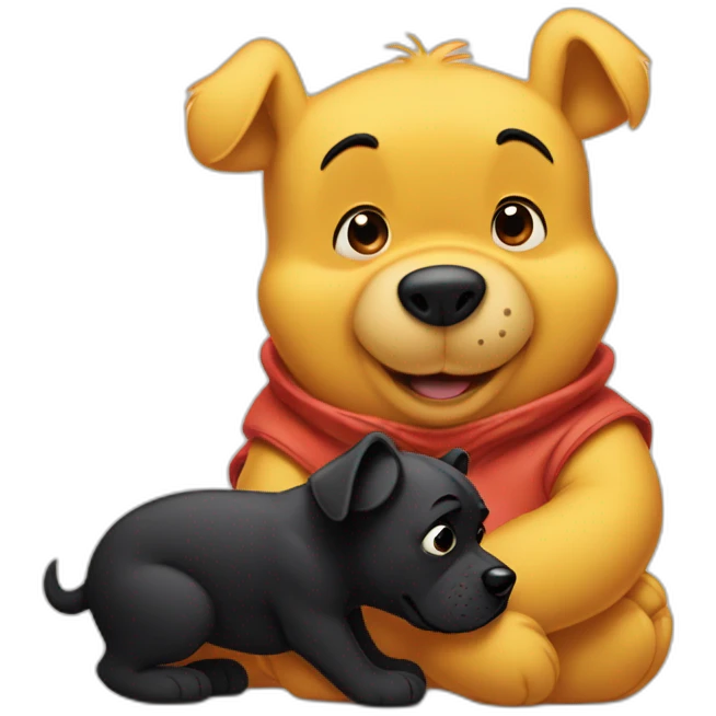 Winnie the Pooh with a black small dog who has a White spot on the stomach emoji