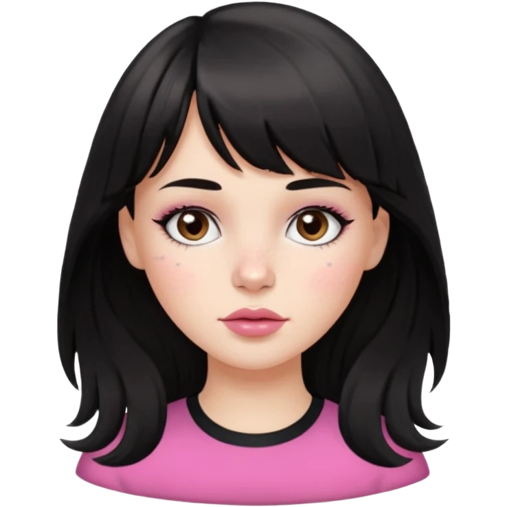 white girl, oval face, bangs and long black, slightly wavy hair. With round brown eyes, small and round nose, full and pink lips. Skin with some freckles. rock style emoji