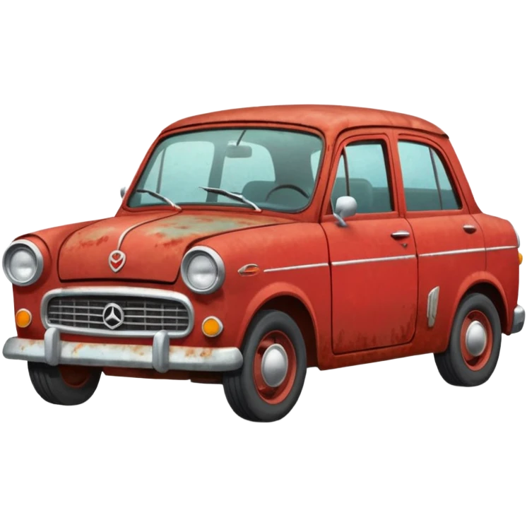 Red rusty car driving towards screen emoji
