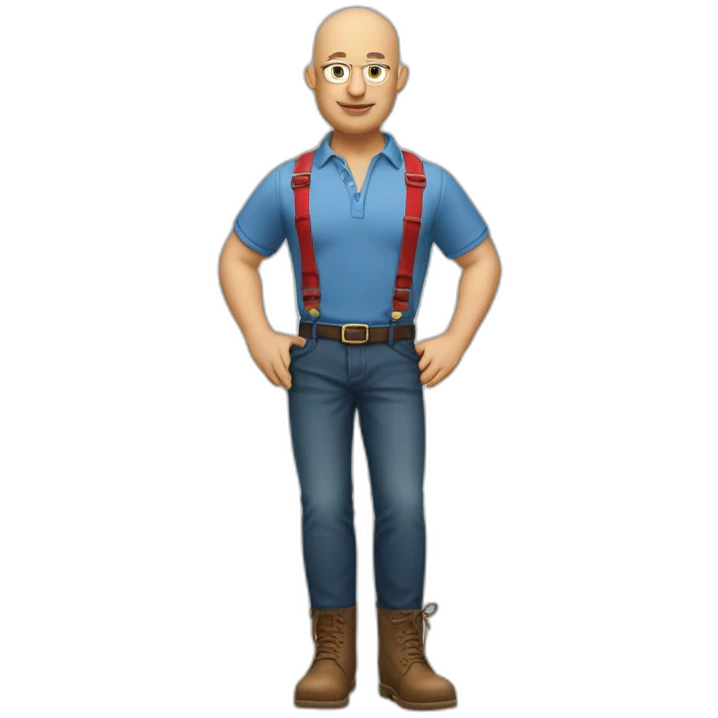 A bald man in dr martense boots, a polo shirt, jeans and red suspenders emoji