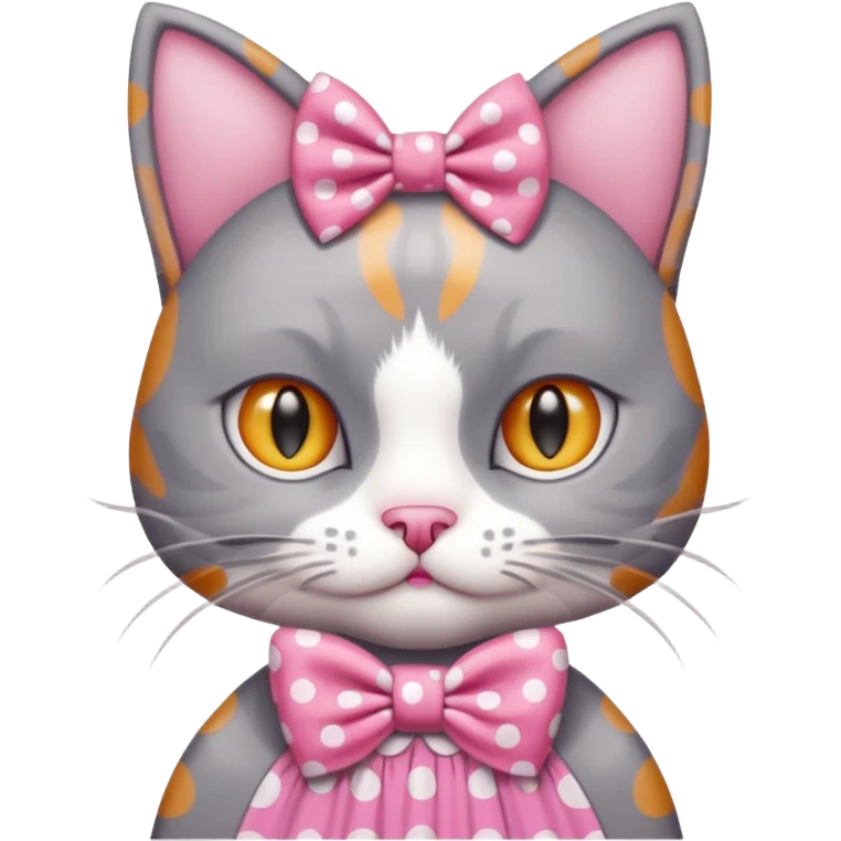 Evil Gray and white evil cat with a pink polka dot dress and with a pink polka dot bow emoji