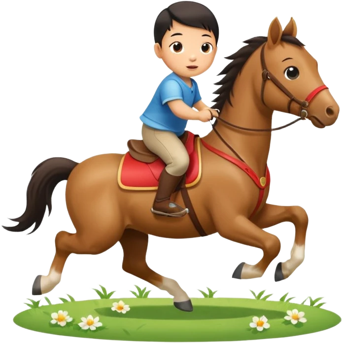 l little chinese baby riding on a  cute horse running really fast on the grass with 2026 year's label emoji