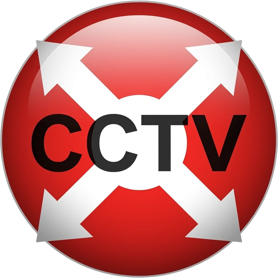 Red filled circle with white X and arrow on all end points on the X white circle in the middle. Biggest CCTV word in the centre in black emoji