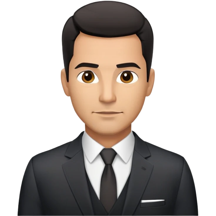 Handsome athletic Hispanic man in his late 40s with tan complexion, short black straight hair combed back with faded sides, square masculine face with defined jawline, neutral-friendly TV presenter expression, black suit jacket worn open with white button-up shirt visible emoji