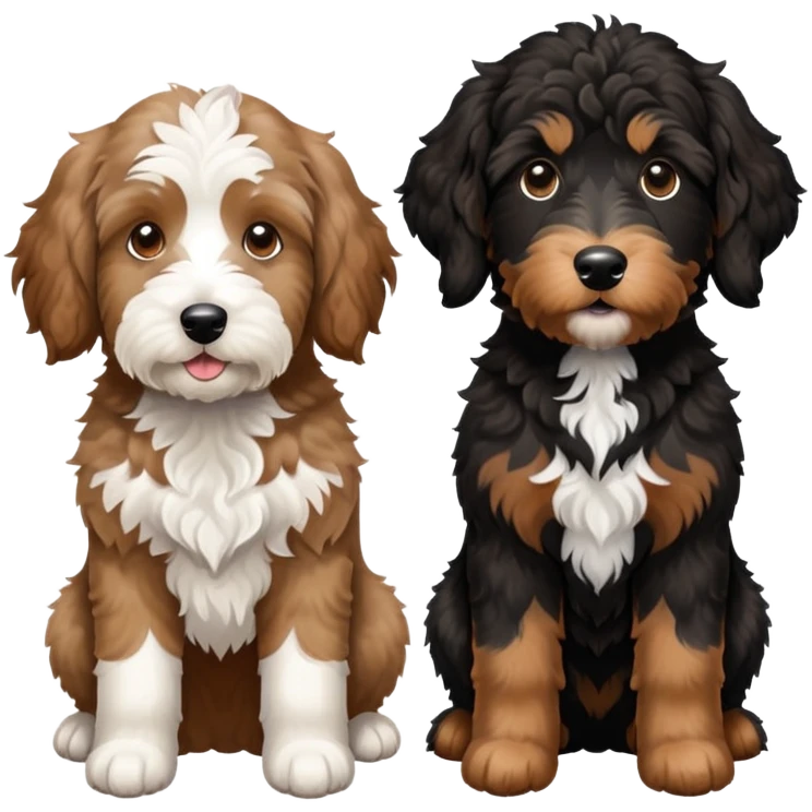 2 dogs: one light brown Aussiedoodle, one all-black Bernedoodle with white eyebrows some white markings, no brown . Both same size. emoji