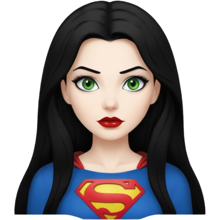 Black haired woman, green eyes, black lipstick, white skin, black t shirt, sharp face, long hair, feminine, Devine, superman logo on t shirt emoji