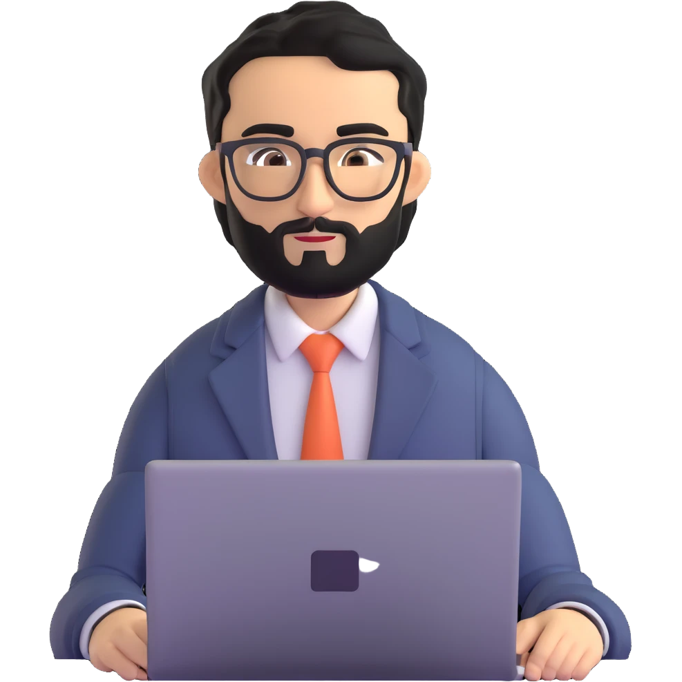 professional man with medium black beard, neat black hair, connected unibrow, olive tan skin, brown eyes, glasses, prominent nose, wearing business casual attire, typing on laptop, slightly turned to the side emoji