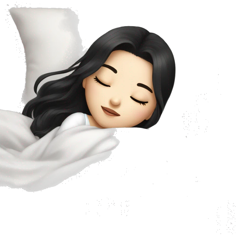 asian cute girl with long beauty black hair sleeping laying down on her side with white blanket and pillow visible and make it look comfy emoji