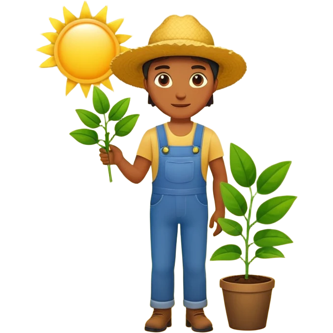 Create a confident farmer emoji standing under a bright sun, holding a healthy green plant, minimal flat design, bright colors, vector style, white background. emoji