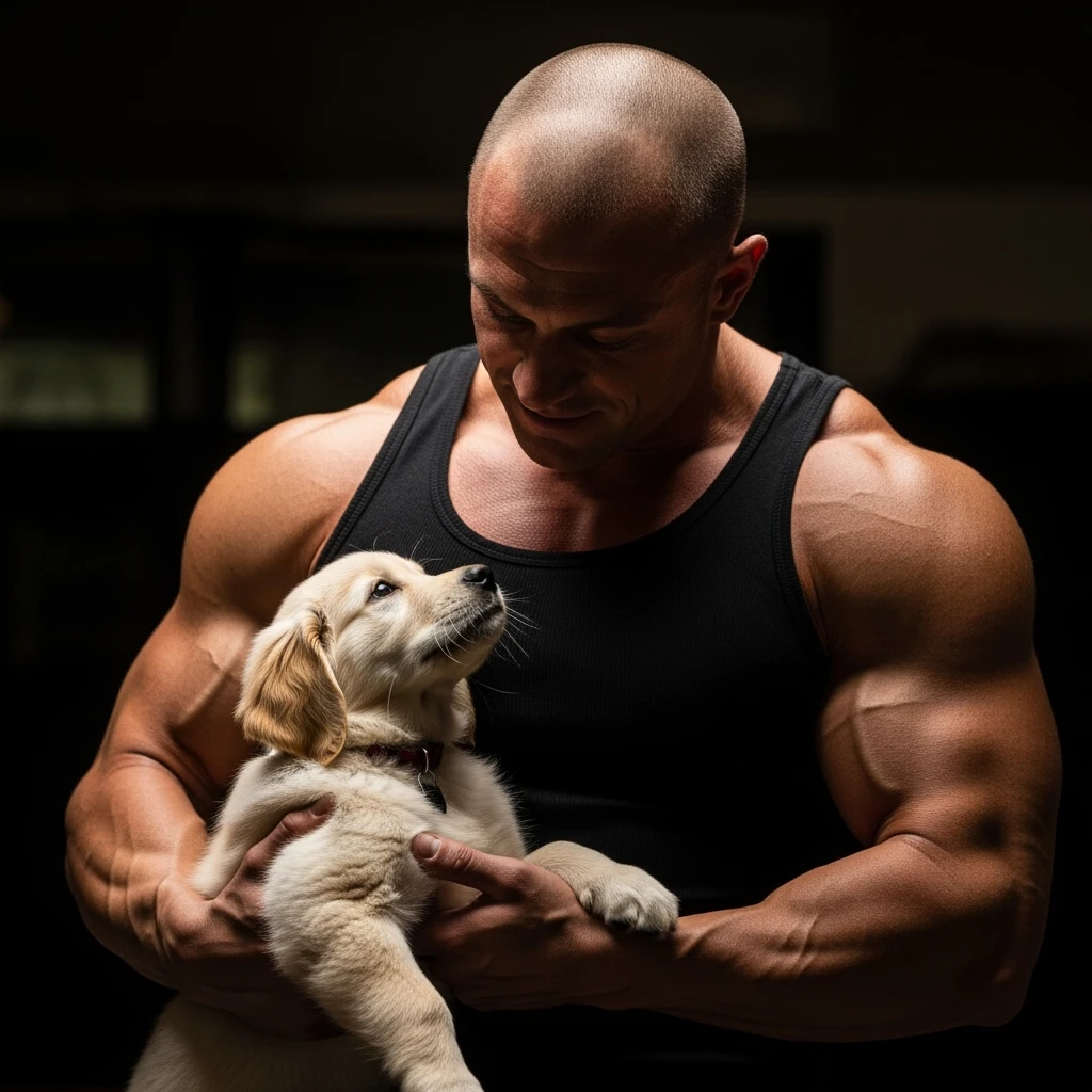 Photo of a musculated man holding puppy golden retriver, low key light emoji