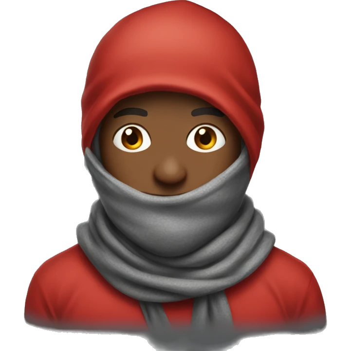 Man in red hoodie with hood up wearing a scarf emoji