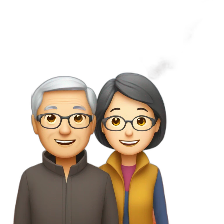 Happy skinny retired Chinese parents. Standing in a park in front of an red autumn tree emoji