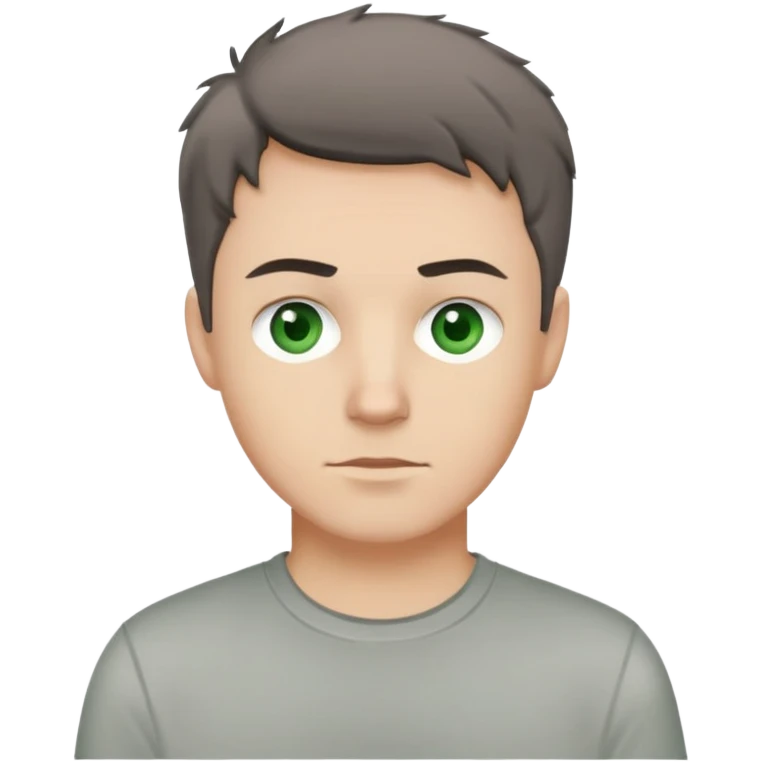 white man with dark messy short hair, dark green eyes, wearing a gray t-shirt emoji