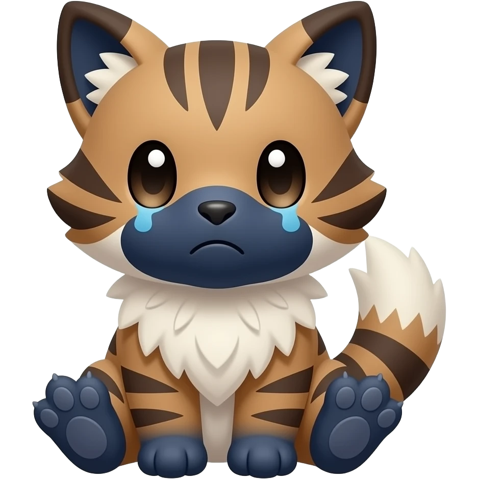 4-legged bushy soft realistic innocent sad pretty precious cute young vertical-dark-brown-striped-and-white-striped Fakémon-Pokémon-feline-Zeraora-Bobcat-serval-caracal-chinchilla-Cinccino-Meowstic-rodent-hybrid-creature (full body) with dark-blue muzzle, dark-blue puffy fluffy paws, tufted ears emoji