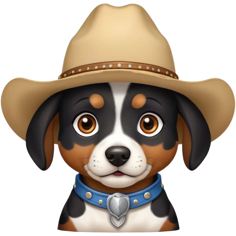 Black small Spotted dog that has brown eyes and cowboy hat  emoji