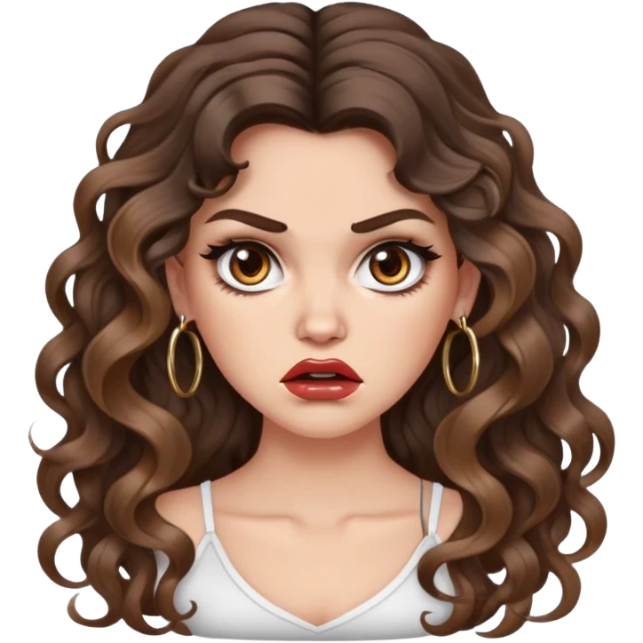cute girl with not volominous VERY LONG curly/wavy brunette hair with balayage, brown eyes, full lips, cute makeup and hoop earrings white girl: ANGRY FACE emoji