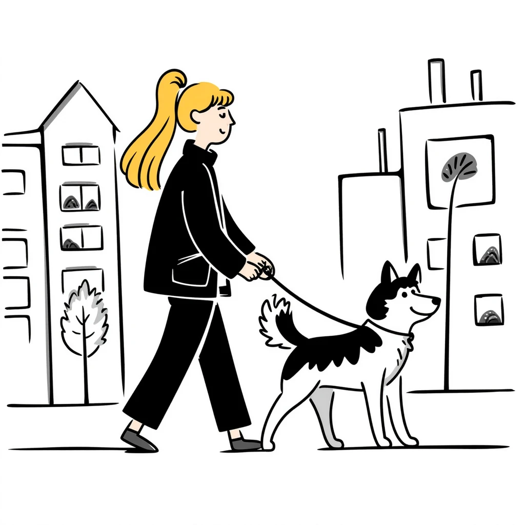 Blonde woman walking a happy Siberian husky in New York City on an upper east side city sidewalk  emoji