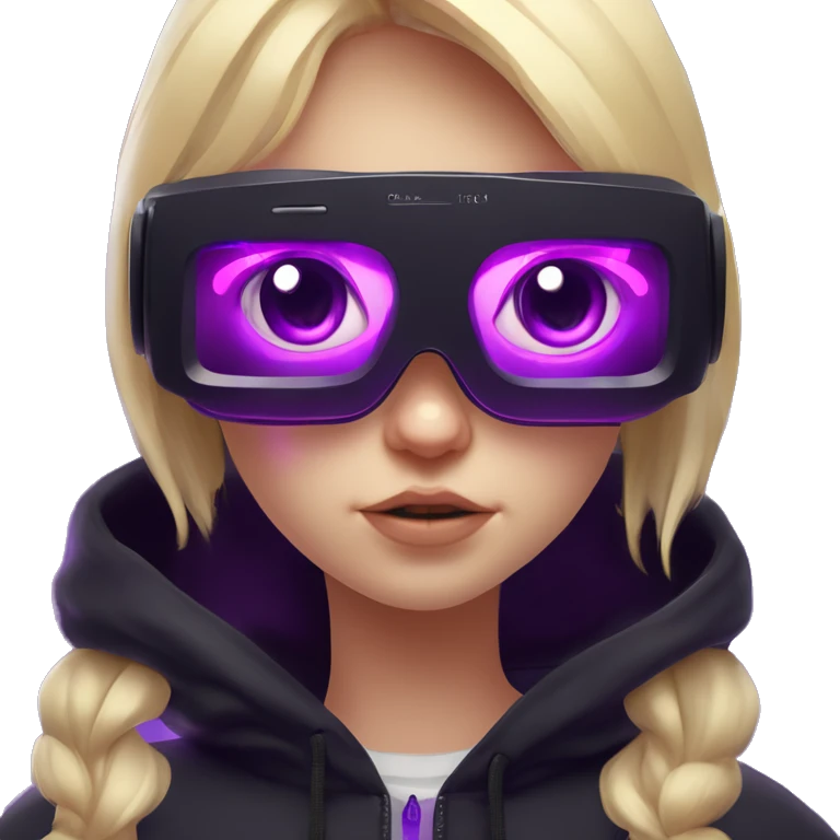 Russian cute blond student girl wearing black hoody with violet letters "OMG", in vr headset. No eyes. Cyberpunk style. Violet neon. emoji