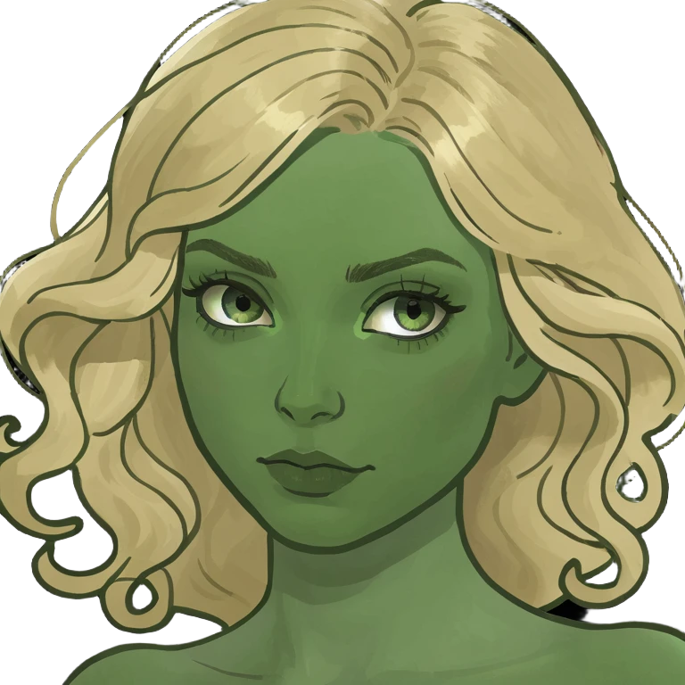 Blonde wavy hair woman, green eyes emoji