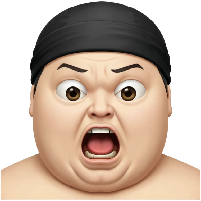 Super extreme tight close-up of just the face of morbidly obese white skin guy with young face, prominent BLACK DURAG tied clearly on head, black beard but no mustache, clean shaven upper lip, black eyes, mouth wide open screaming angrily emoji