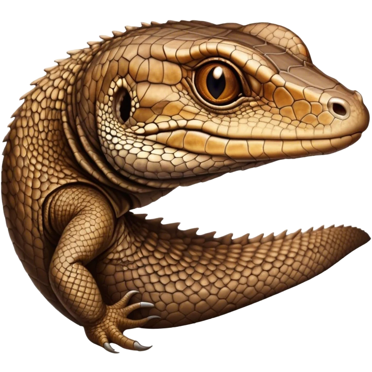 Cinematic Noble brown monitor Lizard Portrait Emoji, Poised and regal, with a robust, scaled body exhibiting striking, mottled patterns and piercing, alert eyes, Simplified yet sharp and sophisticated features, highly detailed, glowing with a soft, earthy glow, high shine, intelligent and formidable, stylized with an air of ancient wilderness, focused and commanding, soft glowing outline, capturing the essence of a watchful and confident reptilian guardian that appears ready to stride out of the screen with effortless authority! emoji