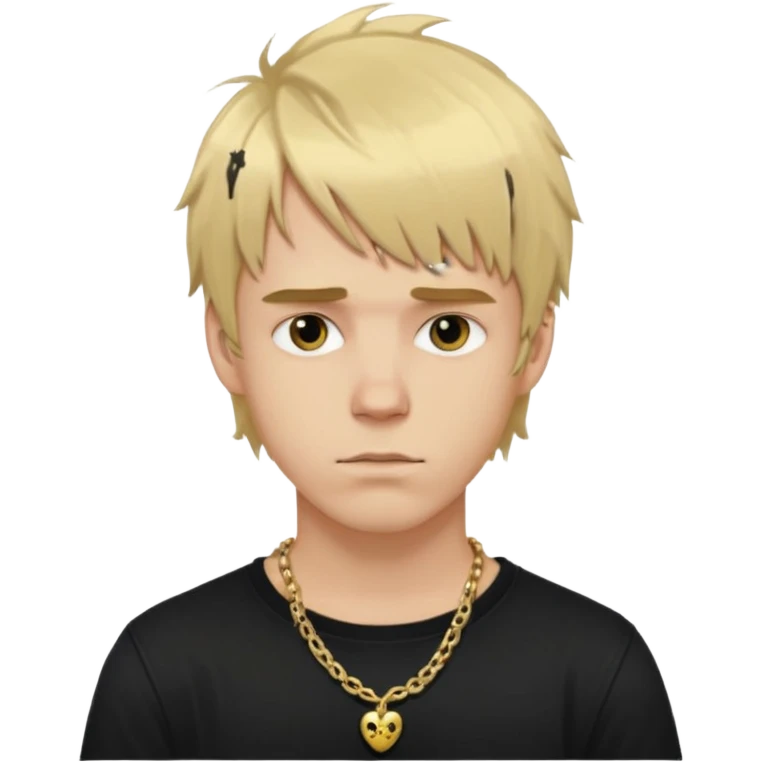 make a iphone emoji who is a white man that looks young with messy blonde medium hair with bangs, and a black punk shirt and a golden neckless emoji