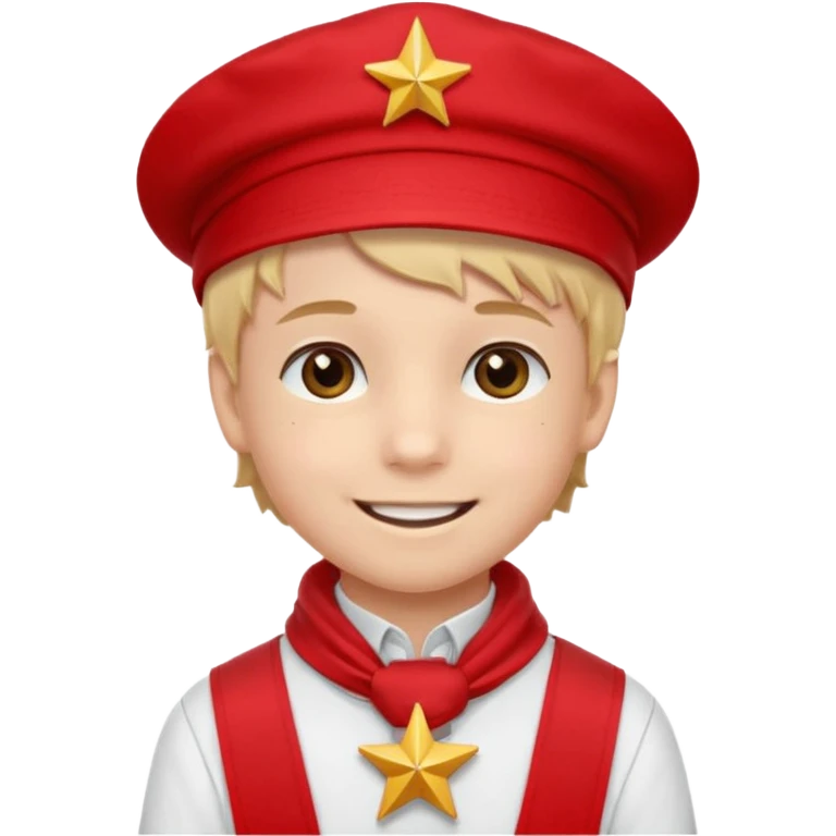 A Soviet pioneer emoji — smiling young boy wearing a bright red tie (pioneer neckerchief) and a red pilotka cap with a small gold star badge. White shirt, neat and cheerful, minimal flat emoji style, simple colors, clear outlines, professional emoji design. emoji