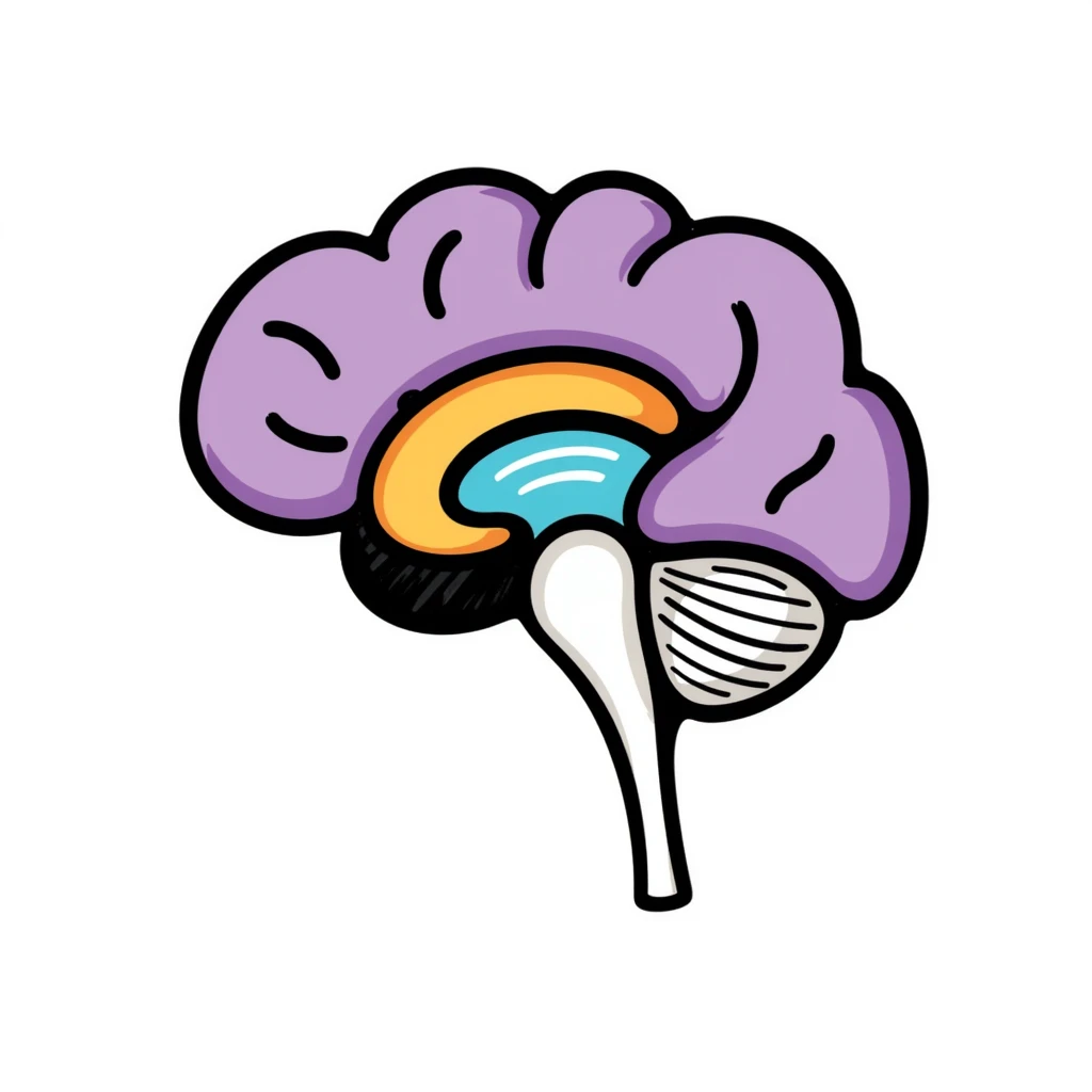 Hand-drawn anatomical brain cross-section showing different colored regions: purple cerebrum, orange cerebellum, blue brain stem, yellow thalamus, green hypothalamus. Detailed medical illustration with anatomical features clearly defined. emoji