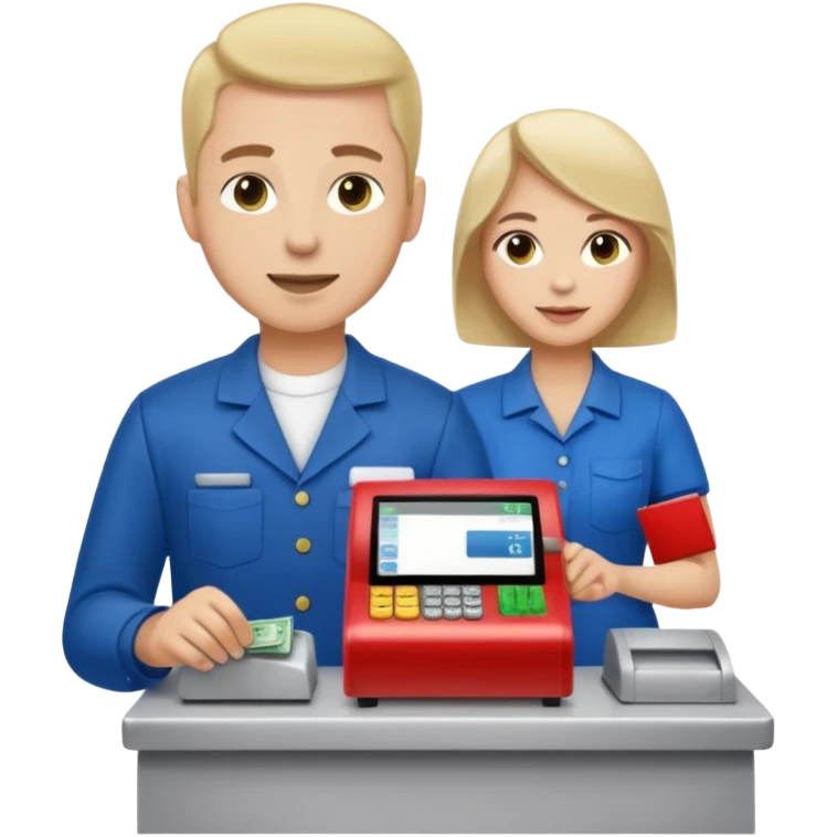 Supermarket employee at a cash register, full body, serving a man emoji