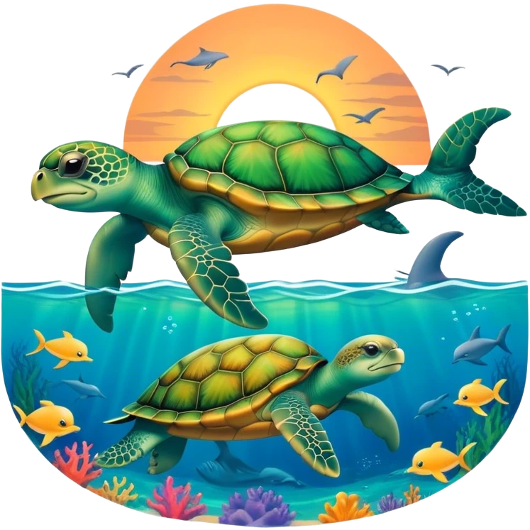 Turtle in the ocean with the back ground a sunset and dolphins emoji