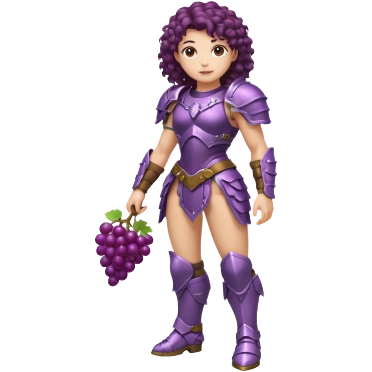 full body woman short curly brown mullet brown eyes white skin muscular build grape cluster armor outfit emoji