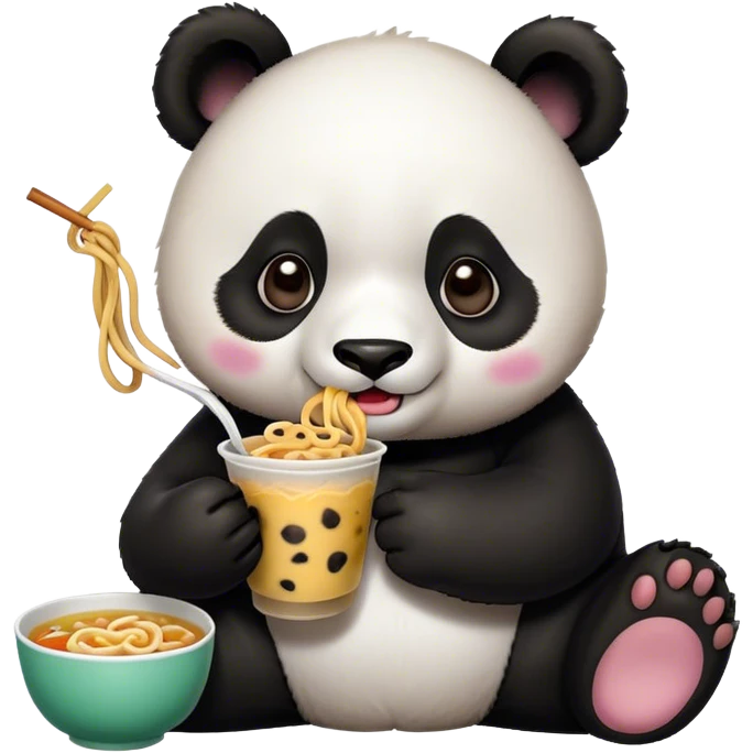 Panda drinking boba with a such eating noodles emoji