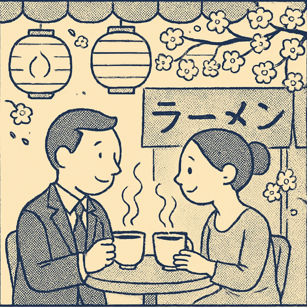 A romantic couple enjoying dinner at an outdoor Japanese street cafe, paper lanterns hanging above, steam rising from tea cups, cherry blossoms in the background emoji