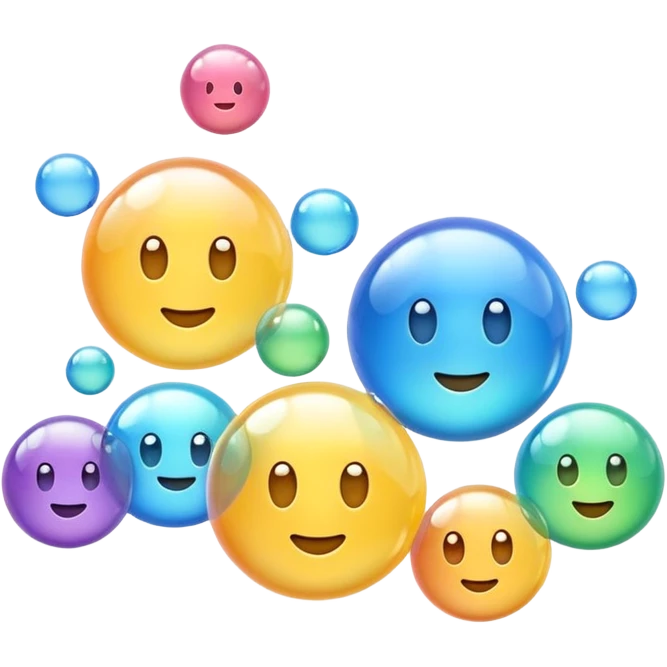 3D iPhone style emoji of multiple bubbles, translucent and shiny, floating in the air, various sizes, isolated on white background, soft shadows, high detail, playful and cute. emoji