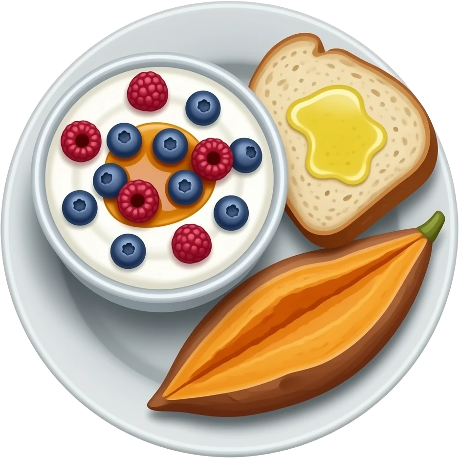 Realistic Plate with greek yogurt bowl topped with blueberries raspberries and maple syrup and sourdough slice topped with a lot of olive oil and a sweet potato on the side HD emoji