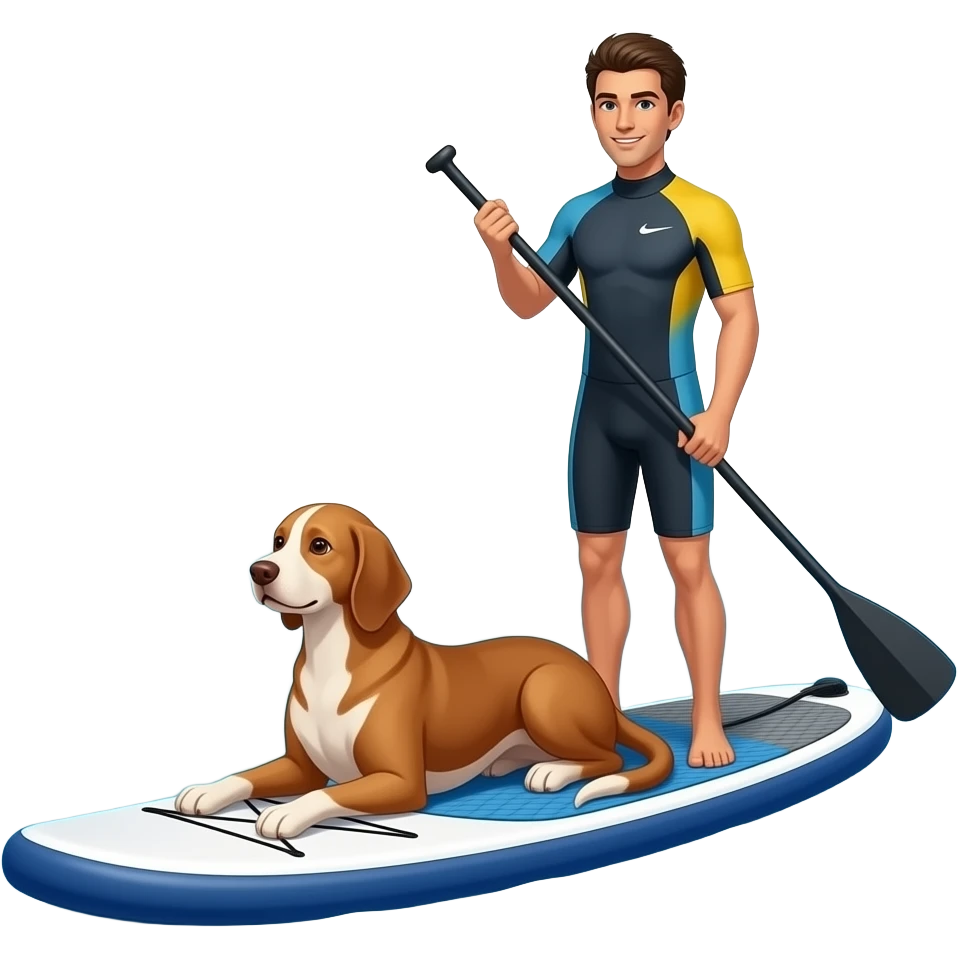 A white-coffee coloured slim Podenco (joung adult) is lying down sphinx like on a sup in front front of a real paddling paddler on the same sup-board in real proportions on sea emoji