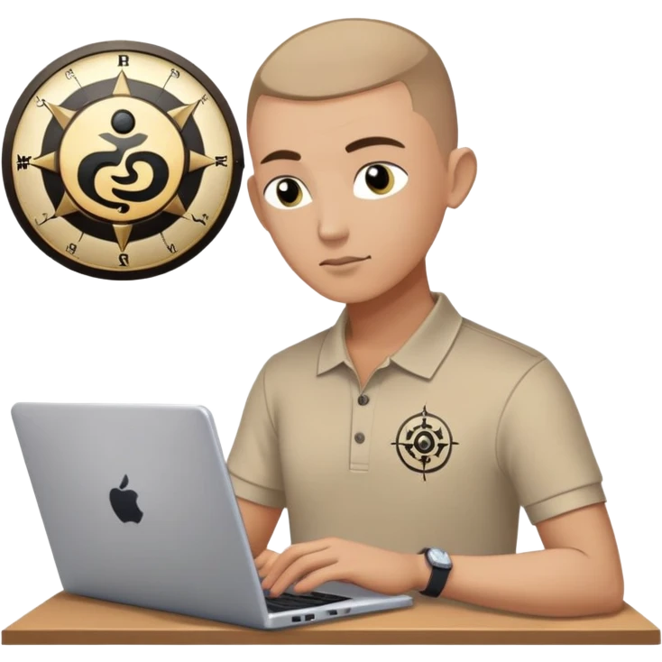 Gender: Male Hair: Buzzcut with yin-yang shaped fade Face: Third Eye chakra sticker on forehead Clothes: Bagua-patterned polo shirt Action: Aligning computer with compass while debugging code emoji