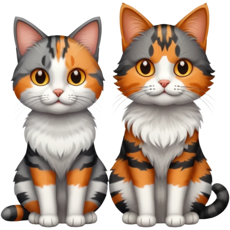 A grey tabby cat with dark grey stripes sitting next to a calico cat  emoji