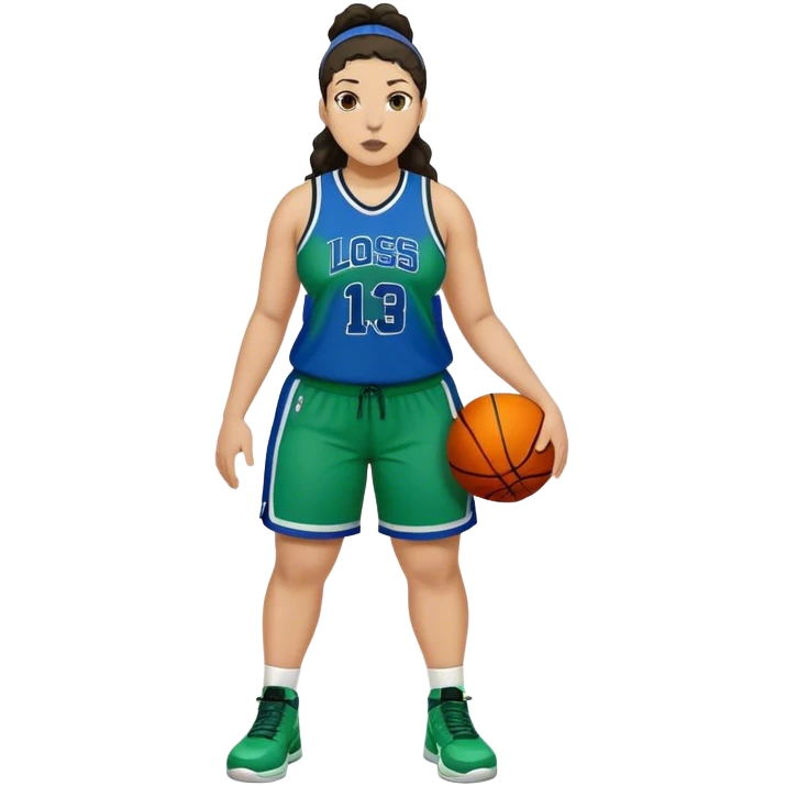 full body plus size light skin latino women basketball player with wavy dark hair in pony tail wide nose wearing blue with green uniform emoji