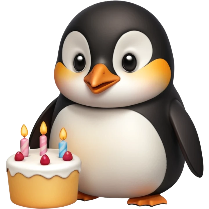 A penguin standing near a cake, feeling shy from a surprise celebration, portrait, bust up emoji