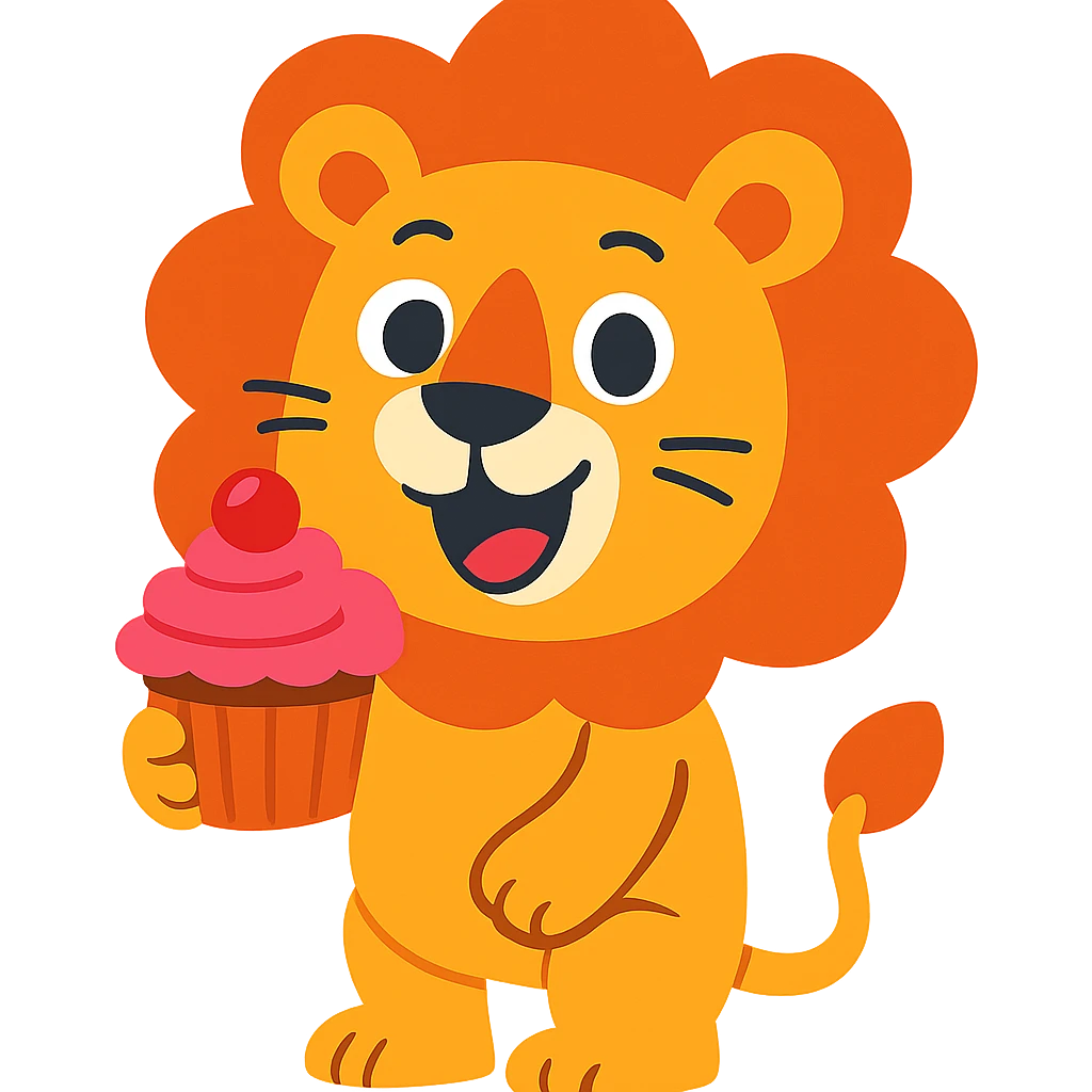 a lion holding a cupcake, vibrant cartoon style emoji