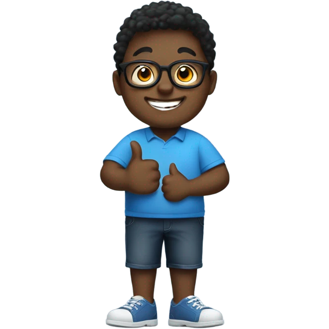 Black chubby boy with glasses smiling giving thumbs up with blue shirt that says I love God emoji