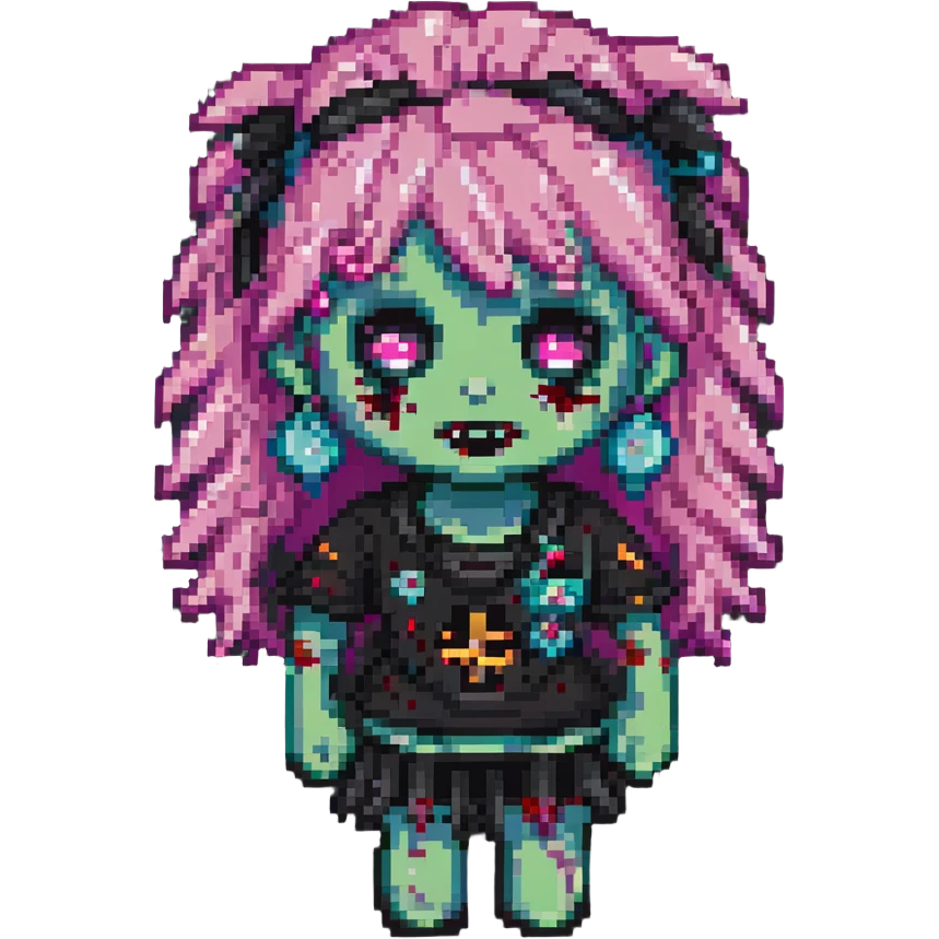 girl zombie with pink hair and bangs, pixel art style emoji