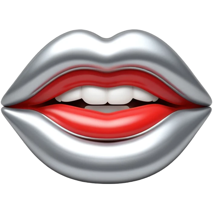 female lips emoji, smooth liquid metal chrome surface, sculpted shape, high-gloss reflections, monochrome futuristic 3D style, isolated on white emoji