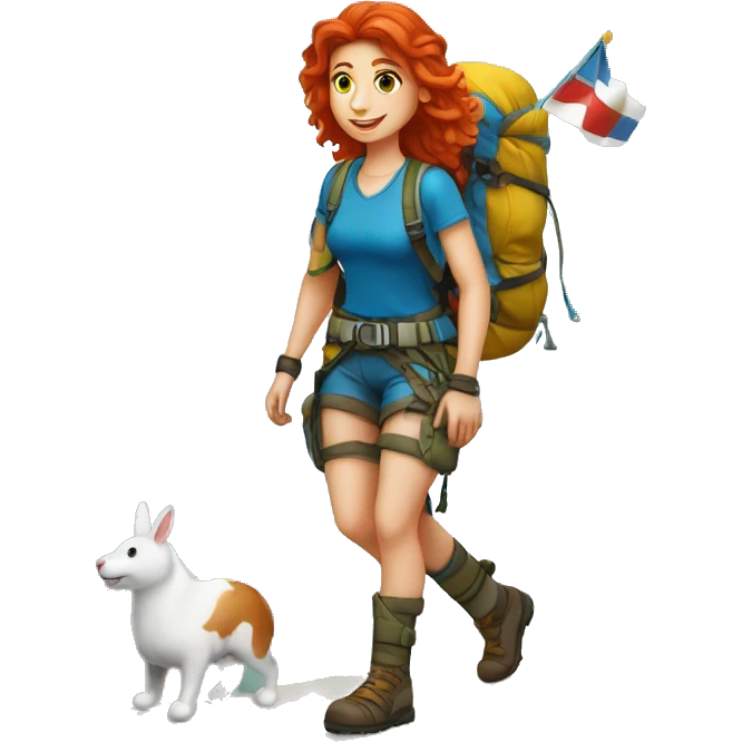 Female mountain climber red hair climbing with Greek flag on backpack and holding Easter eggs basket emoji