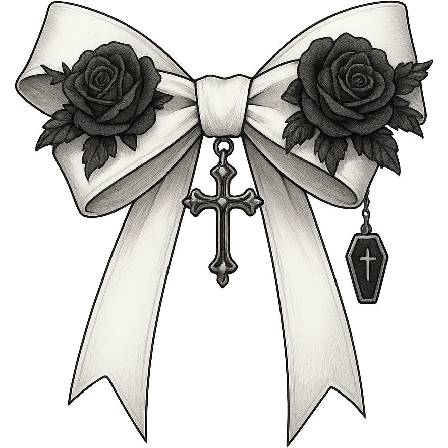 Edit the image to depict a white gothic bow with layered ribbons, a cross pendant, and additional gothic elements such as black rose accents and a tiny coffin charm. The style should be general to allow flexible editing. Remove the background. emoji