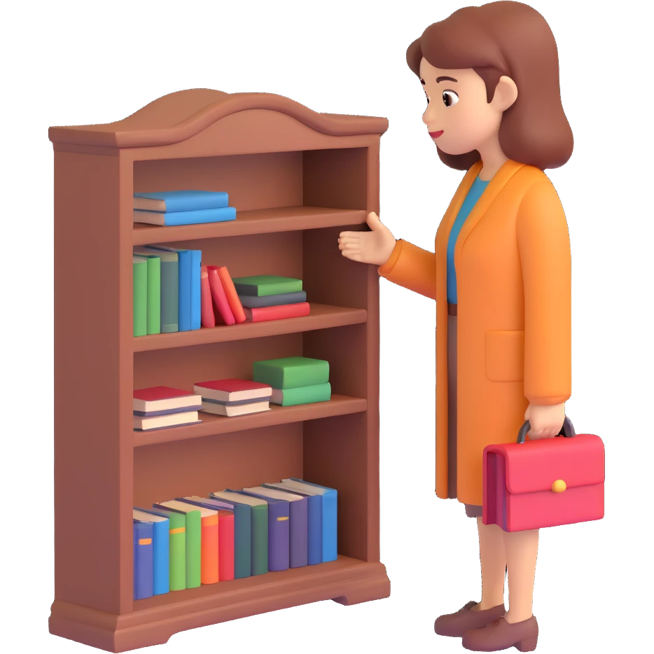 a sad woman looking at a small bookcase emoji