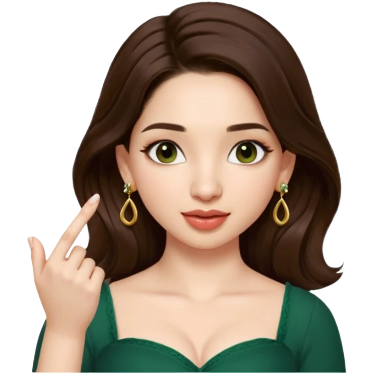 pretty bratz genmoji that looks like tamannah bhatia (bollywood actress), wearing a dark green sweetheart neckline top, dark brown hair, light makeup, no necklace, dangly earrings, SIDE hair part, fair. dark brown eyes, long hair

Show her licking her finger  emoji