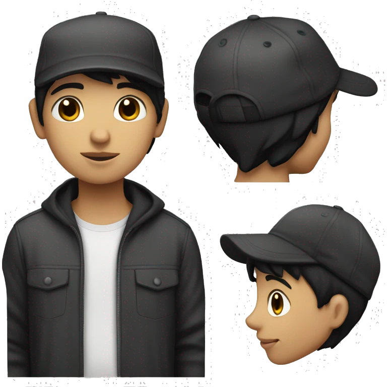boy with black hair with a white streak, with a cap and a little fat emoji