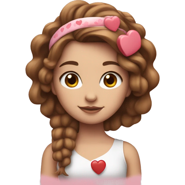 White girl, heart headband, holding a heart Valentine’s Day with brown hair emoji